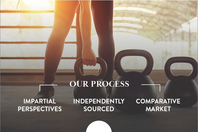 Compare Workout Apps Header - picture of a woman picking up dumbbells overlaid with a brief note on our process, which includes impartial perspectives, independently sourced, comparative market